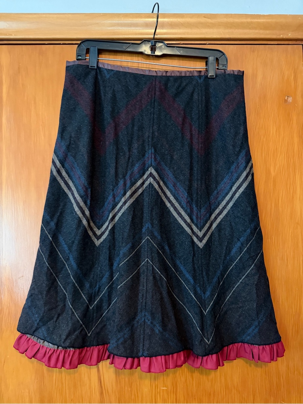 Chevron-Stripe Black Midi Skirt with Wine Ruffle Hem